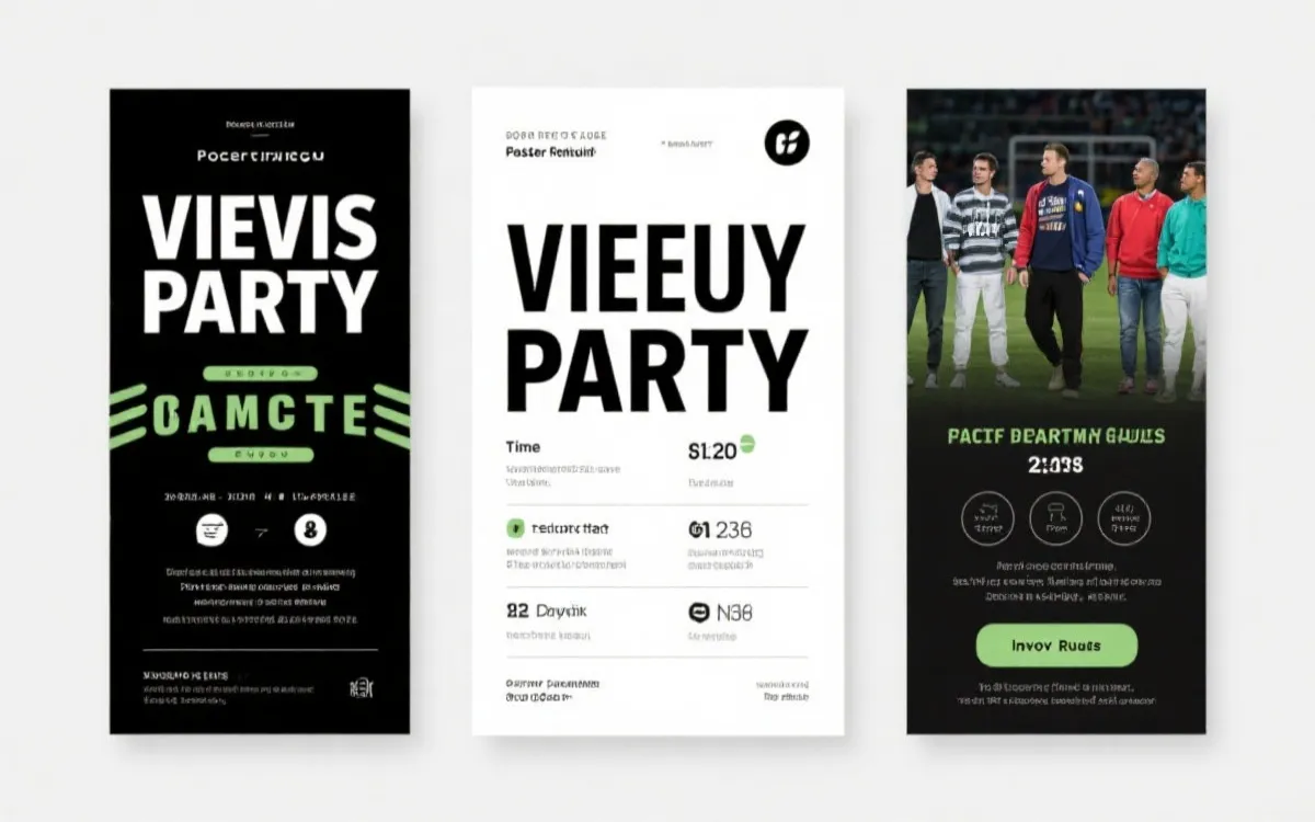 世界杯观赛派对海报模板风格展示：简洁排版、对阵信息、时间地点、主题与互动规则