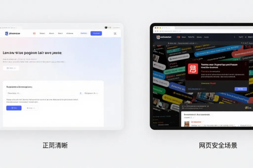正规网站与仿冒页面对比的安全浏览示意
